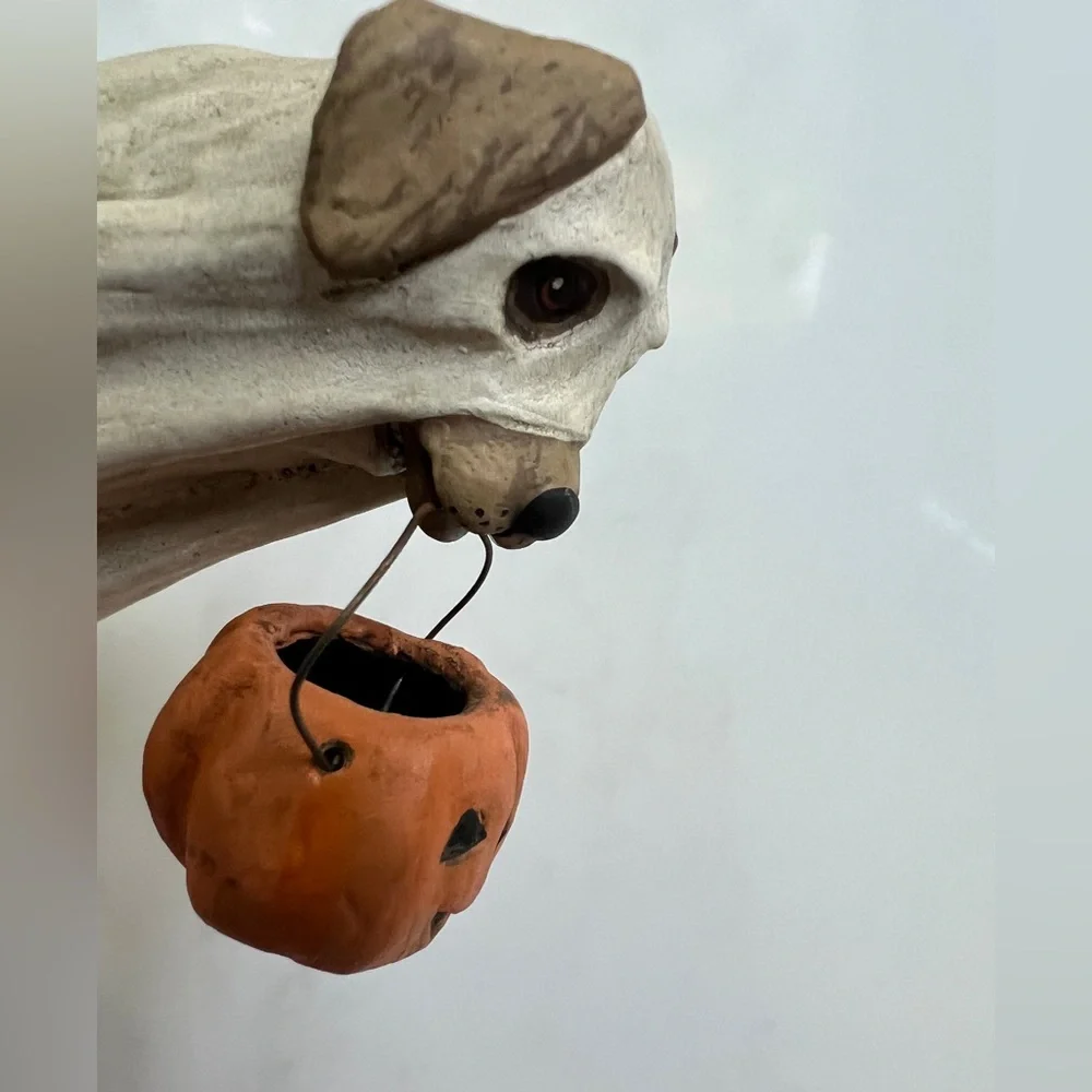Bethany Lowe Spooky Halloween Ghost Dog with pumpkin Candy Bowl 3.5" Tall - Picture 9 of 10